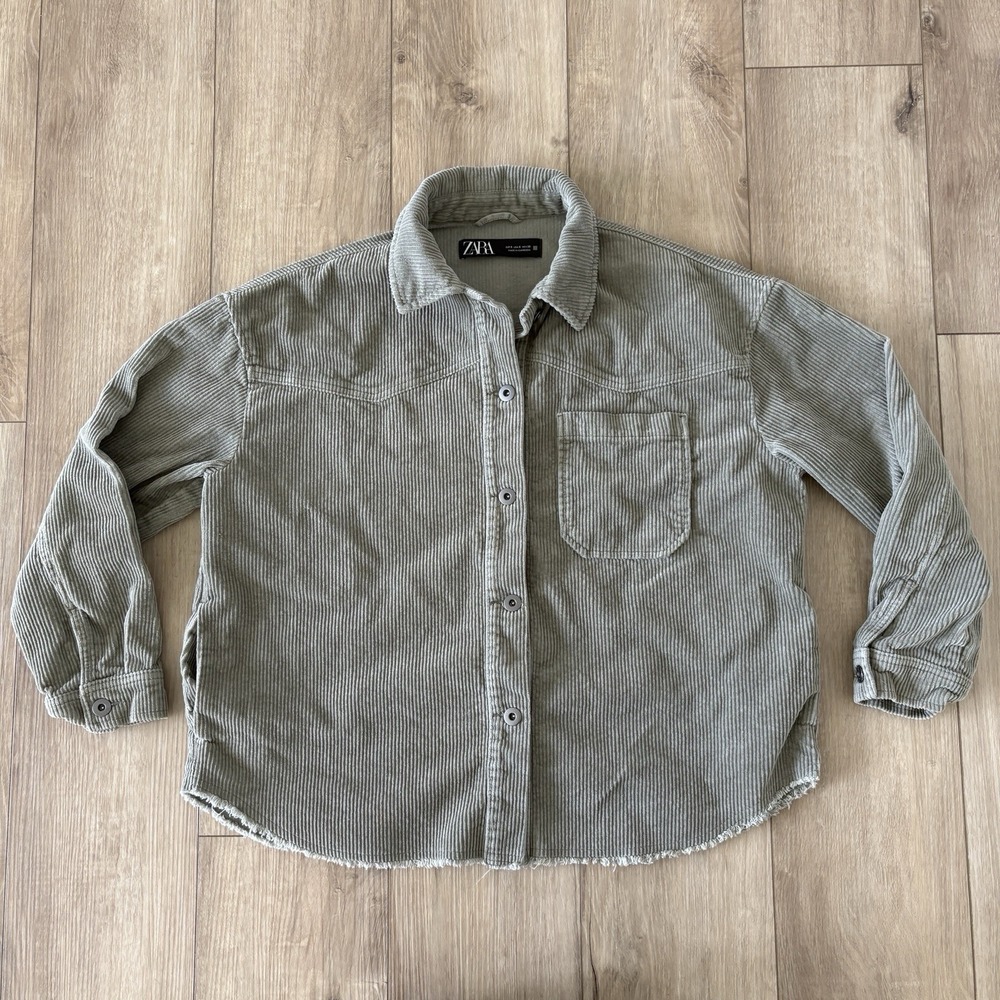 Zara Green Corduroy Button Front Raw Hem Jacket Women's Small S